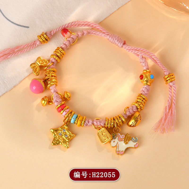Golden Hammered Star Unicorn Coiled Braided Bracelet with Pink Tibetan Style