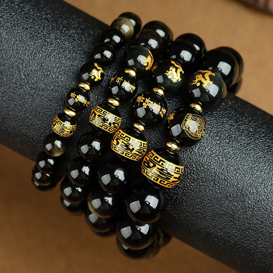 Natural Obsidian Zodiac Guardian Buddha Bracelet with Tiger Eye & Agate - Six-Word Mantra Spiritual Protection