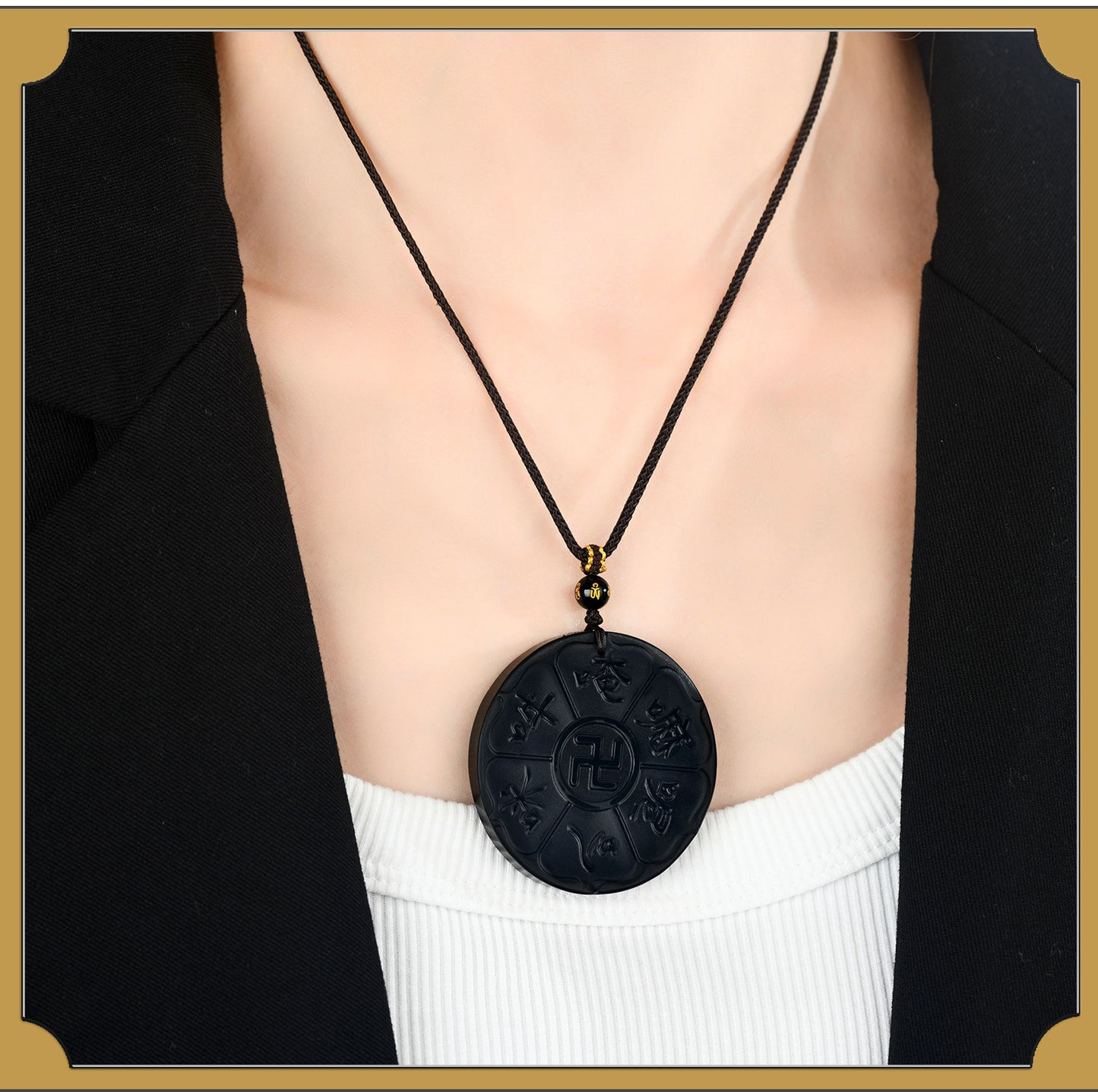 Natural Obsidian Six-Word Mantra Pendant with Swastika - Lucky Protection Amulet Necklace