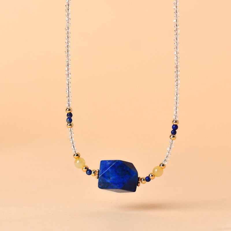 Natural White Crystal Lapis Lazuli Yellow Rutilated Quartz Collarbone Necklace | Spiritual Energy Protection & Wealth Attraction