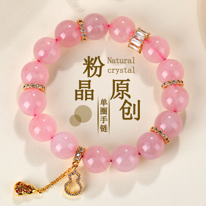 Natural Hibiscus Pink Crystal Beaded Bracelet | Large Round Beads Spiritual Jewelry for Women