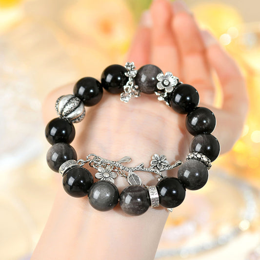Natural Silver Obsidian Original Bracelet New Large Particle Round Beads National Style Men and Women Couple Style Hot Selling Bracelet Jewelry