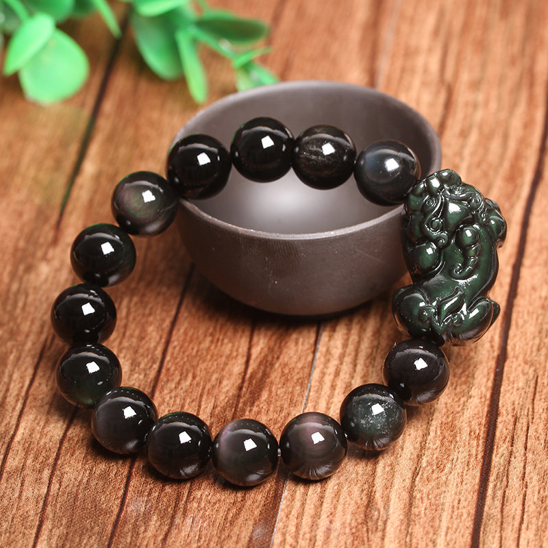 Natural Rainbow Eye Obsidian Pixiu Bracelet - Wealth & Protection Mala for Men and Women