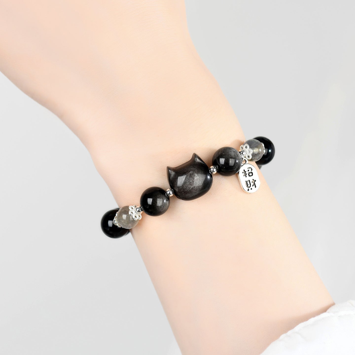 Silver Obsidian Faceless Cat Moonlight Bracelet | Chinese Style Women's Protection Jewelry