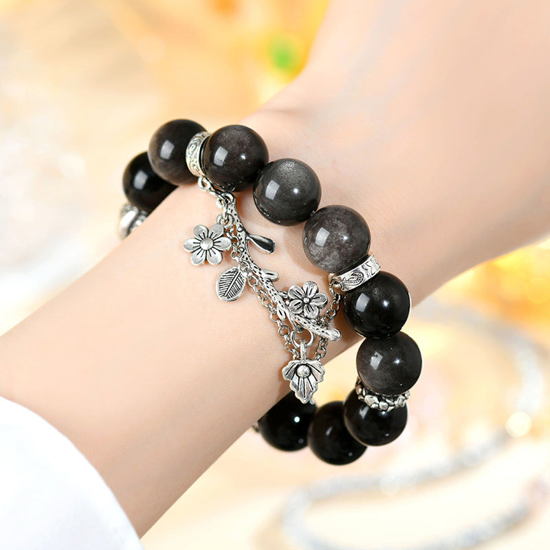 Natural Silver Obsidian Original Bracelet New Large Particle Round Beads National Style Men and Women Couple Style Hot Selling Bracelet Jewelry