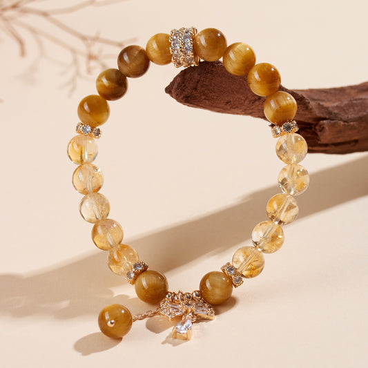 Natural Yellow Tower Crystal and Gold Tiger Eye Bow Tassel Bracelet - Wealth Attraction and Spiritual Protection