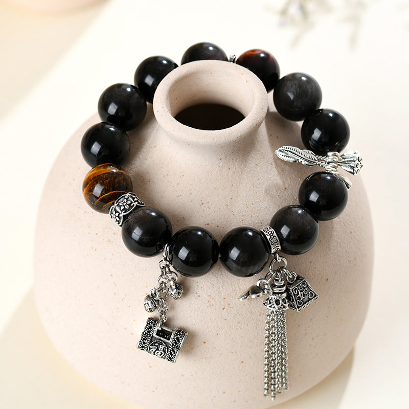 Natural Silver Obsidian Tiger Eye Bracelet - Vintage Unisex Protection Stone Jewelry