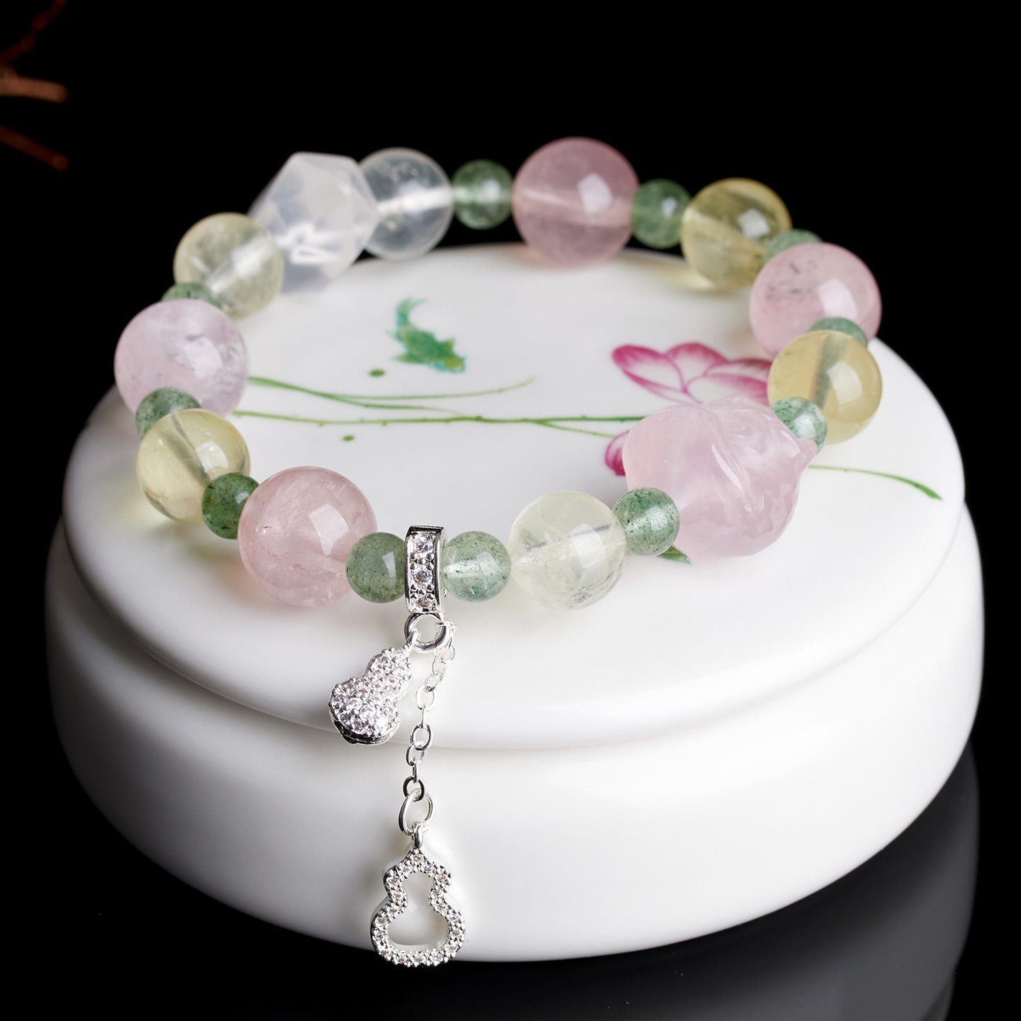 Natural Yellow Crystal Horse & Pink Crystal Gourd Tassel Bracelet | Chinese Style Women's Lucky Charm