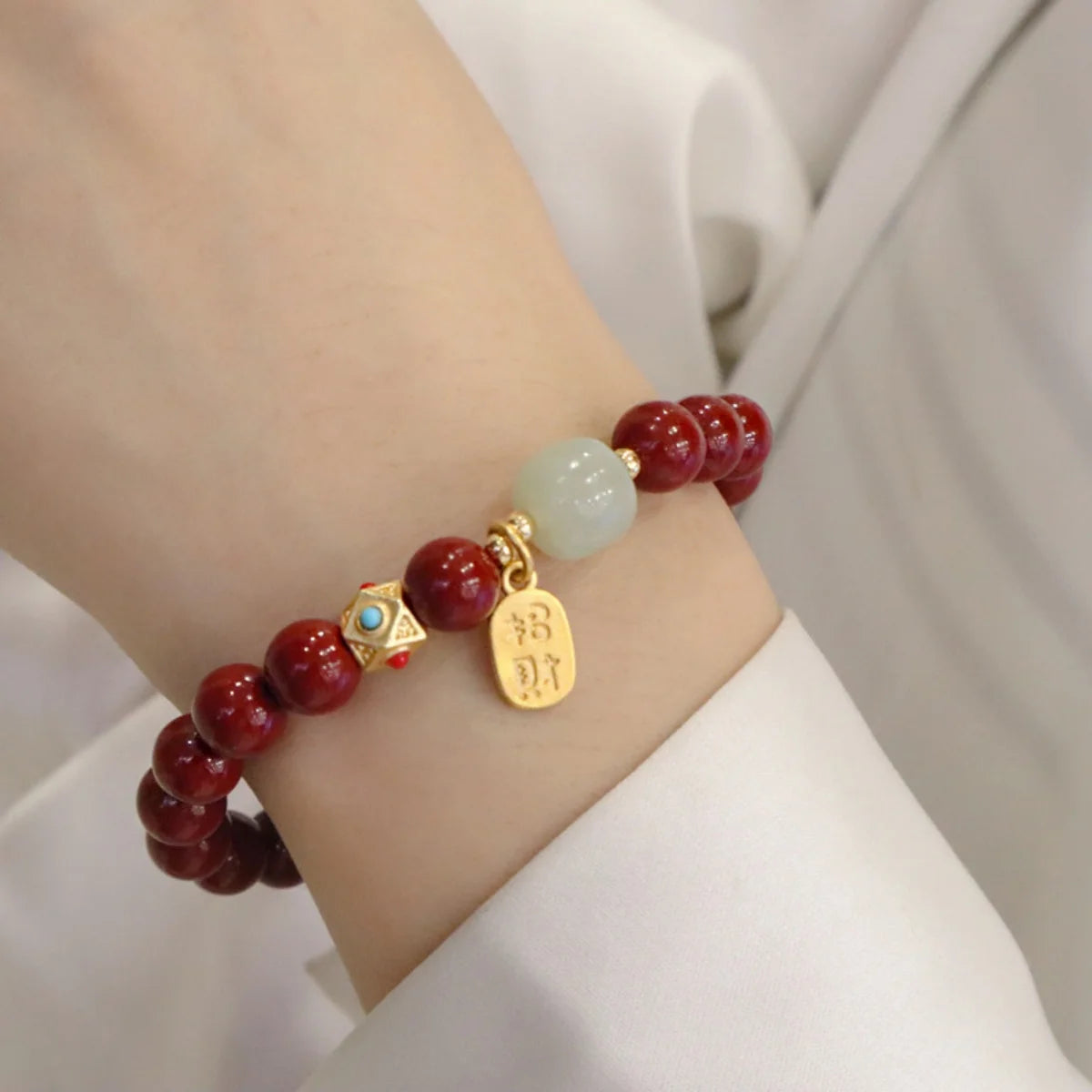 Chinese Feng Shui Red Imitation Cinnabar Beaded Bracelets For Women Men Protection Bring Wealth Lucky Elastic Bangles Jewelry
