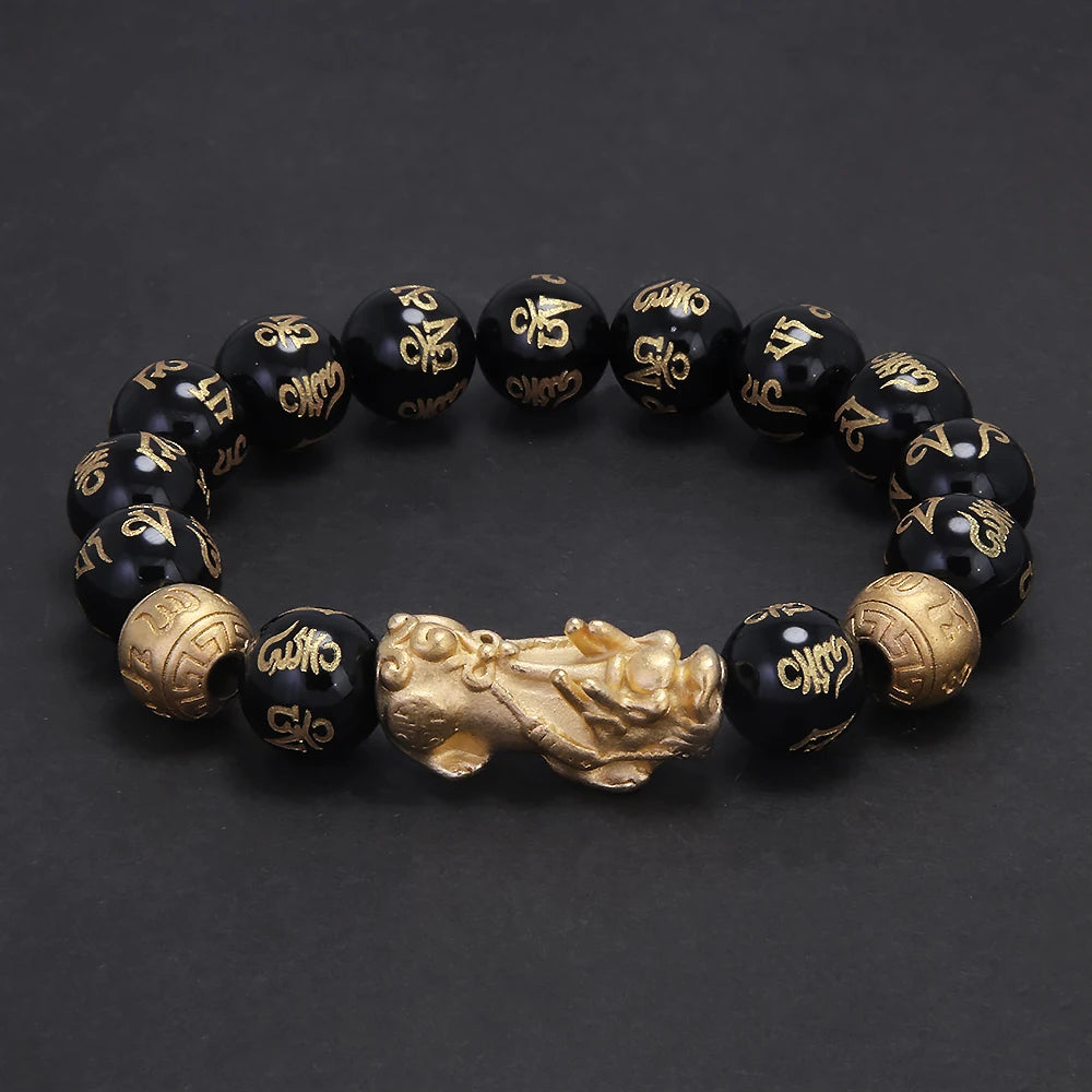 10mm 12mm Pixiu Charm Natural Stone Beads Bracelet for Men Black Onyx Tiger Eye Black Obsidian Vintage Fengshui Luck Jewelry