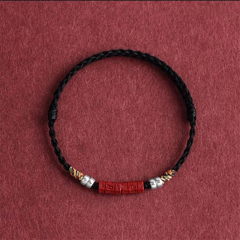 Hand Woven Natural Purple Cinnabar Lucky Bracelets Women Men Prayer Blessing Bangles Six Character Words Sizeadjustable