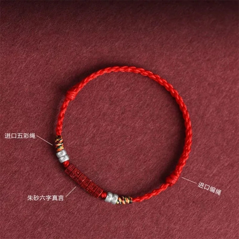 Hand Woven Natural Purple Cinnabar Lucky Bracelets Women Men Prayer Blessing Bangles Six Character Words Sizeadjustable