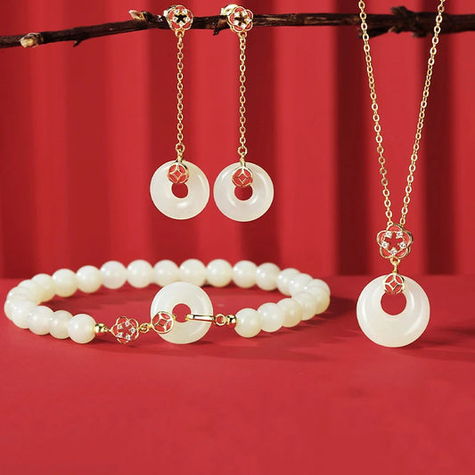 Hollowed Flower Hetian Jade Pendant Necklace – Copper Coin Charm