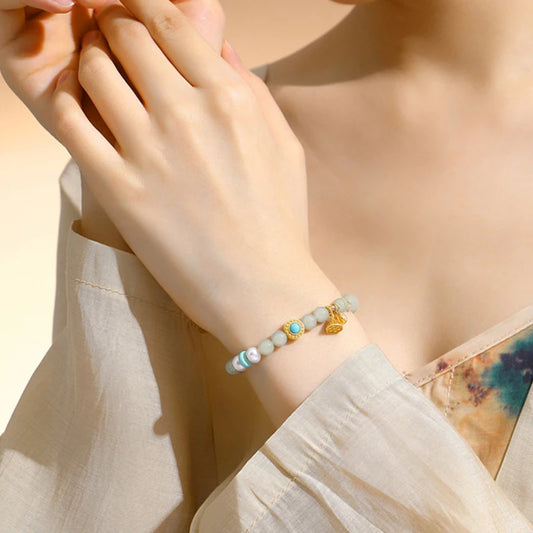 Hetian Jade Lotus Pendant with Pearl Green Bead Bracelet