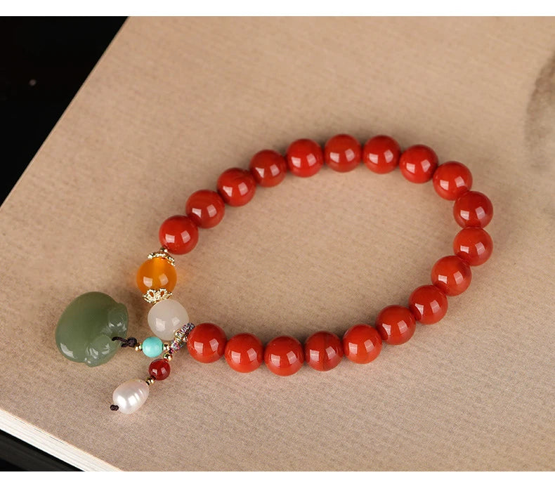 Agate Attracting Wealth Circle Bead Natural South Red Bracelet With Amber Green Pine Round Bead Bracelet High-Grade Jewelry