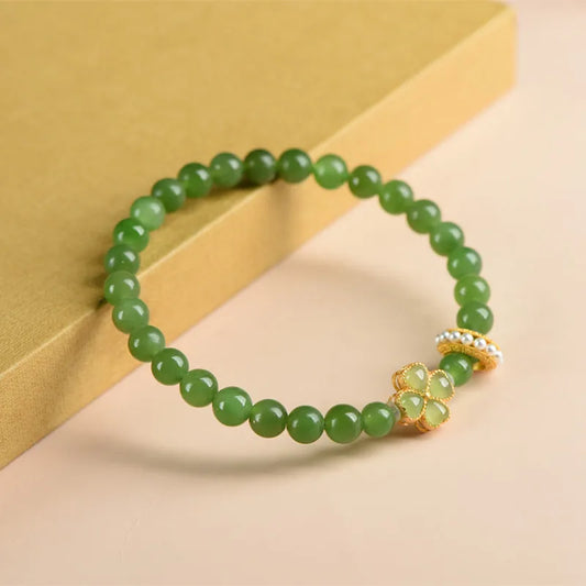 Hetian Jade Four‑Leaf Clover Bracelet|Lucky Charm for Women