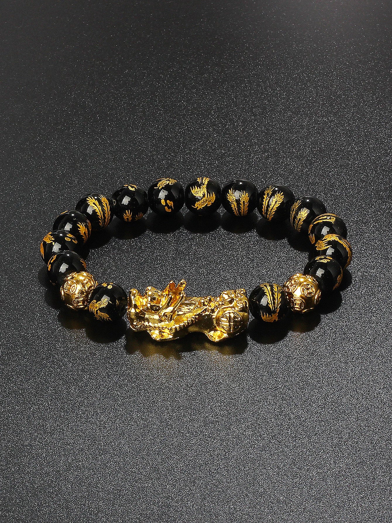 Gold Color Pi Xiu Bracelets Women Feng Shui Obsidian Wealth Pi Yao Bracelets Men 10m Dragon Mantra Bead Bangle Lucky Jewelry New