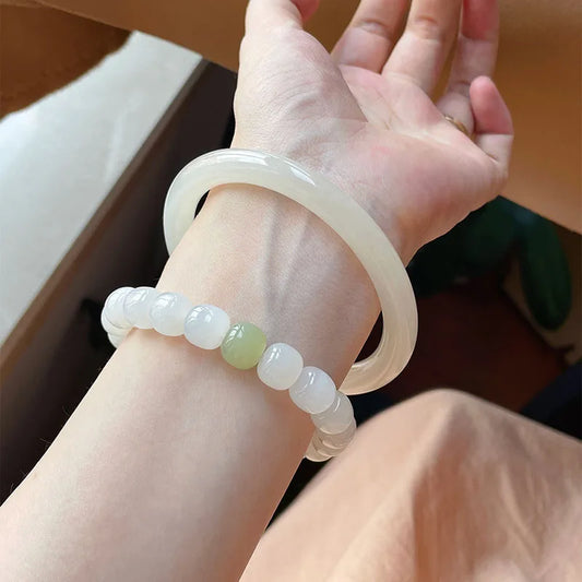 Hotan White Jade 10mm Bead Bracelet|Single Circle Lucky Amulet