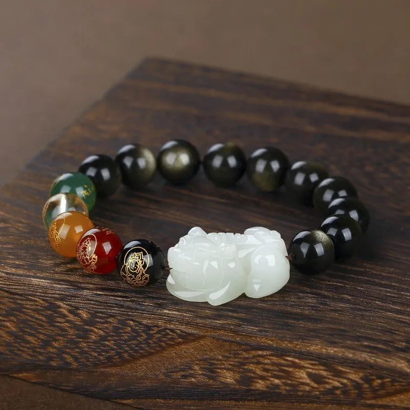 黑曜石五路财神佛珠手链|和田玉貔貅招财辟邪 男女性通用礼赠佳选