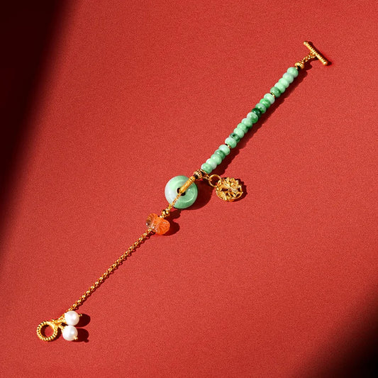 Natural Jadeite Peace-Buckle Bracelet with Pearl Pendant