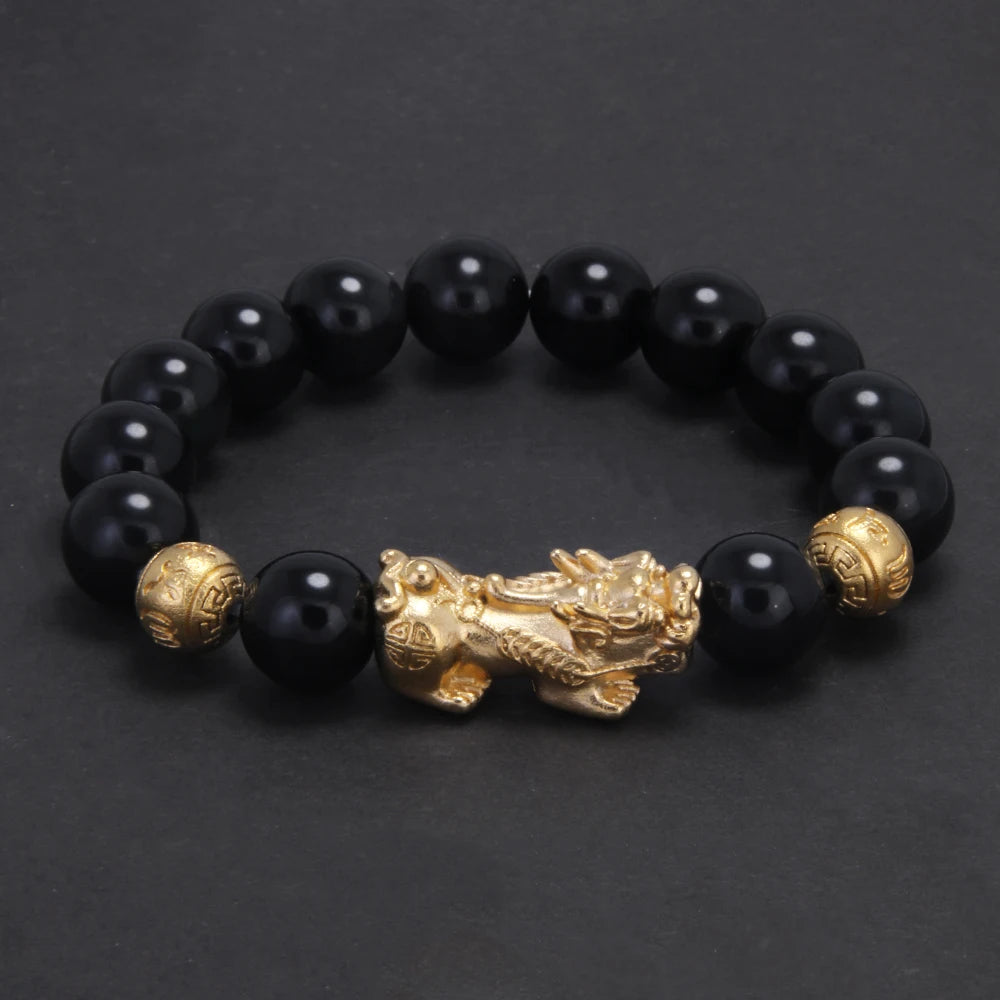 10mm 12mm Pixiu Charm Natural Stone Beads Bracelet for Men Black Onyx Tiger Eye Black Obsidian Vintage Fengshui Luck Jewelry