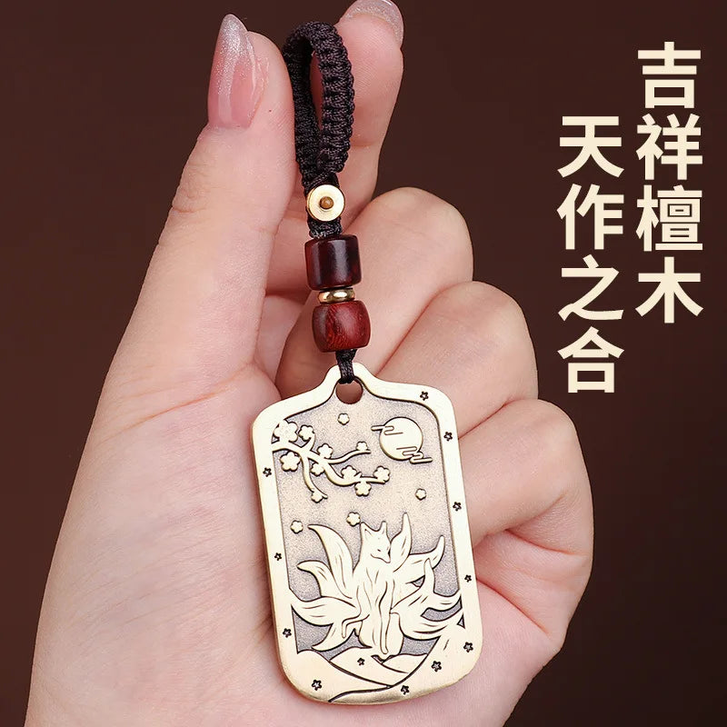 Taoist Peach Blossom Brass Necklace & Fox Keychain Set