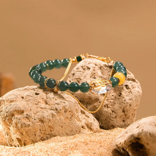 Chicken-Oil Yellow Amber Bracelet with Blue Jade Leaf Inlay