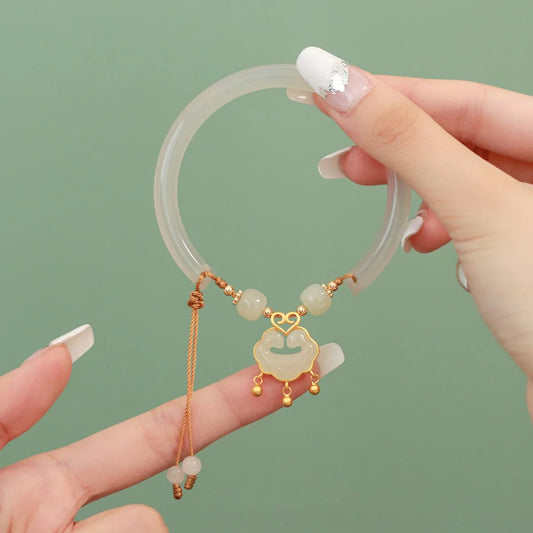 Hotan White Jade Safety-Lock Bracelet — Elegant Protective Charm