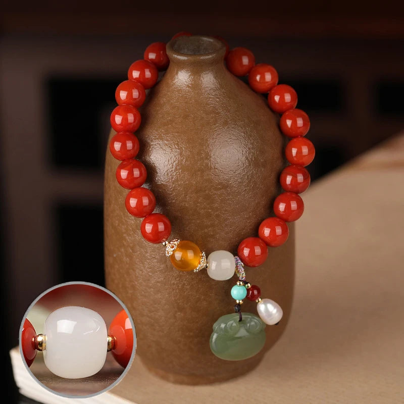 Agate Attracting Wealth Circle Bead Natural South Red Bracelet With Amber Green Pine Round Bead Bracelet High-Grade Jewelry