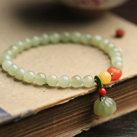 Natural Hotan Jade Honey-Wax Bracelet|Red Lotus Heart Single Loop