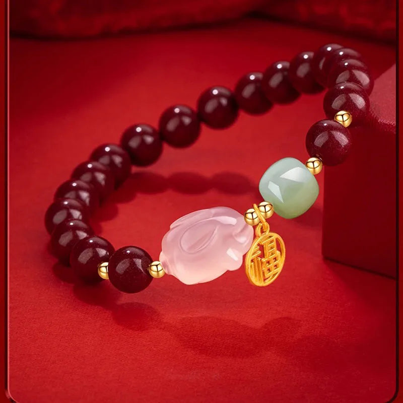 Double-Layer Southern Red Hotan Jade Bracelet with Rabbit Charm