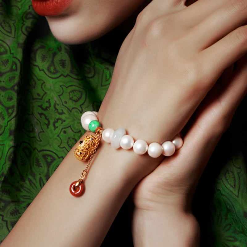 925 Sterling Silver Double Freshwater Pearl Chain Bracelet for Wedding