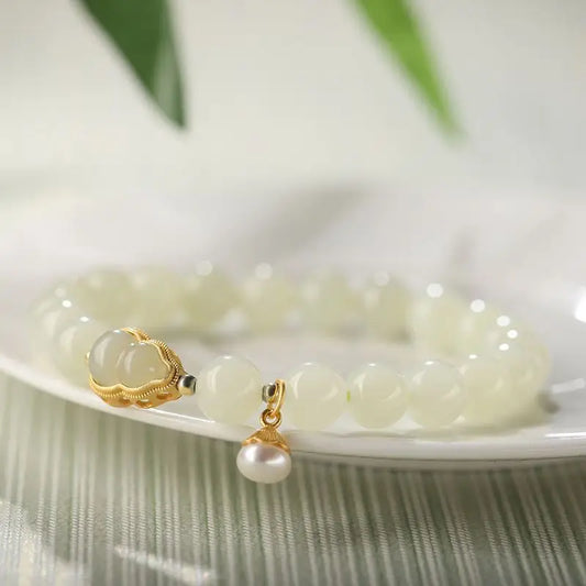 Hotan White Jade Gourd Bracelet — Lucky Handstring Beads for Wife & Girlfriend