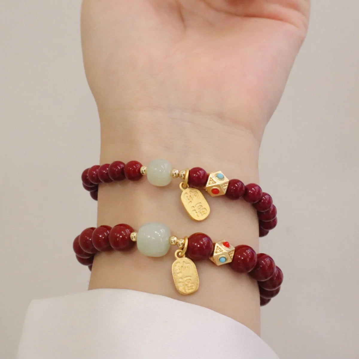 Chinese Feng Shui Red Imitation Cinnabar Beaded Bracelets For Women Men Protection Bring Wealth Lucky Elastic Bangles Jewelry