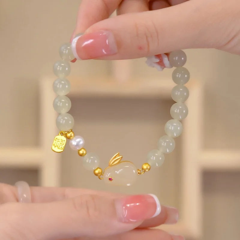 Natural Hetian Jade Bracelet for Women | Vintage Boho Stone Beads Gift