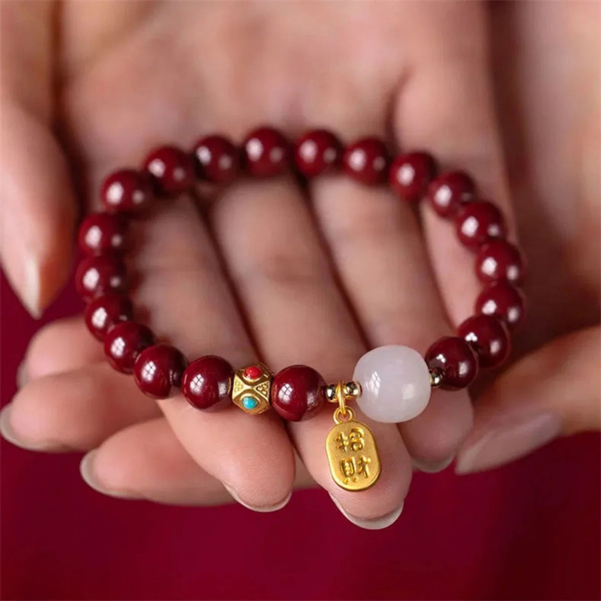Chinese Feng Shui Red Imitation Cinnabar Beaded Bracelets For Women Men Protection Bring Wealth Lucky Elastic Bangles Jewelry