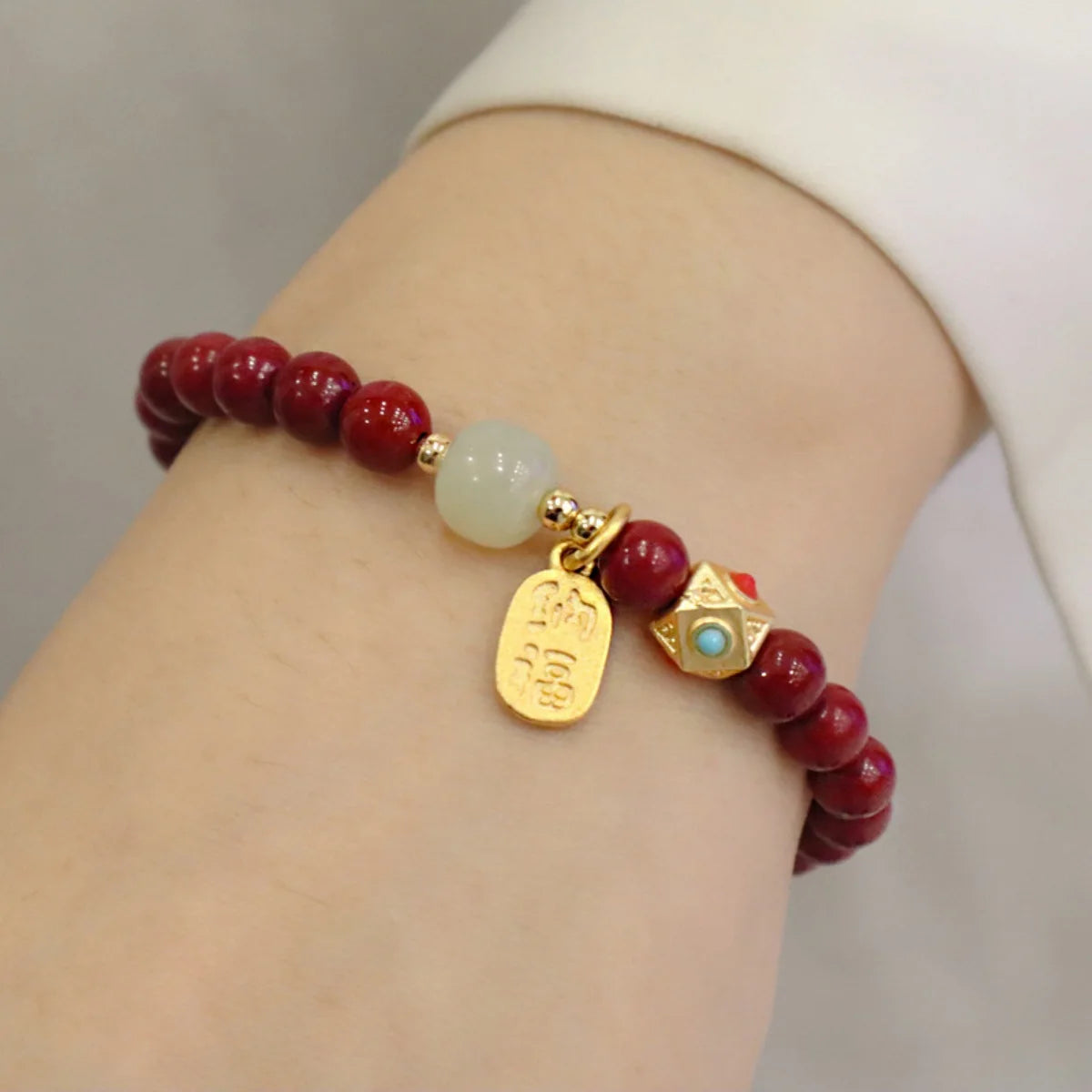 Chinese Feng Shui Red Imitation Cinnabar Beaded Bracelets For Women Men Protection Bring Wealth Lucky Elastic Bangles Jewelry