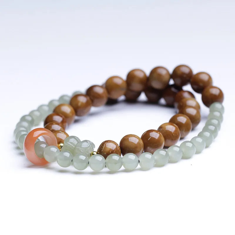 Two-Loop Hetian Jade & South Red Ice Bracelet — Retro Elegant