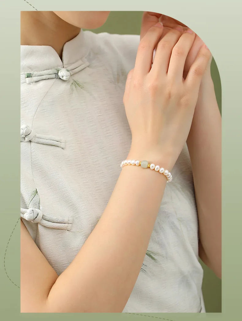 Green Bead Freshwater Pearl Bracelet With Card 6MM Natural Lucky Bead Bangle Birthday Jewelry Gift