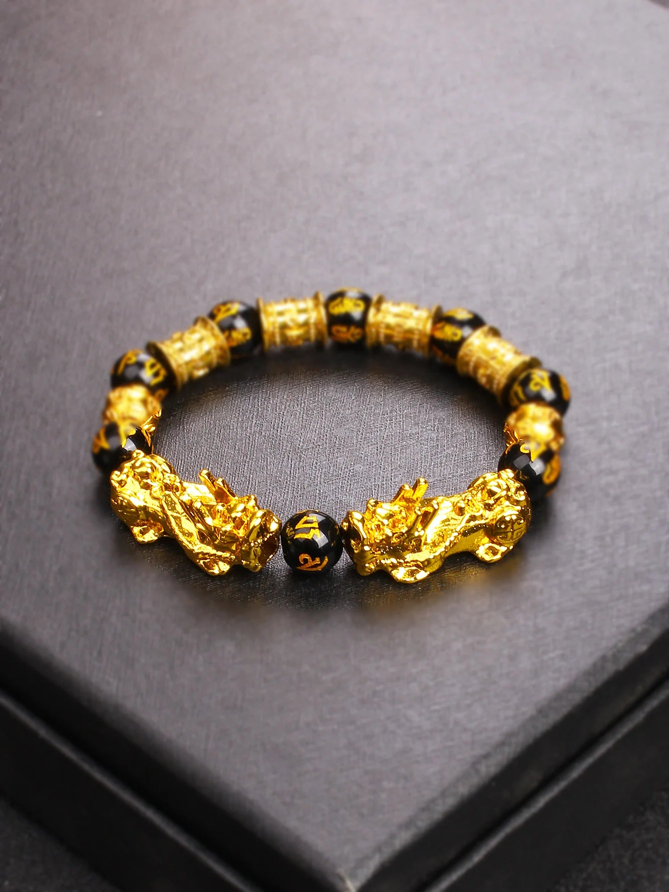 Gold Color Pi Xiu Bracelets Women Feng Shui Obsidian Wealth Pi Yao Bracelets Men 10m Dragon Mantra Bead Bangle Lucky Jewelry New