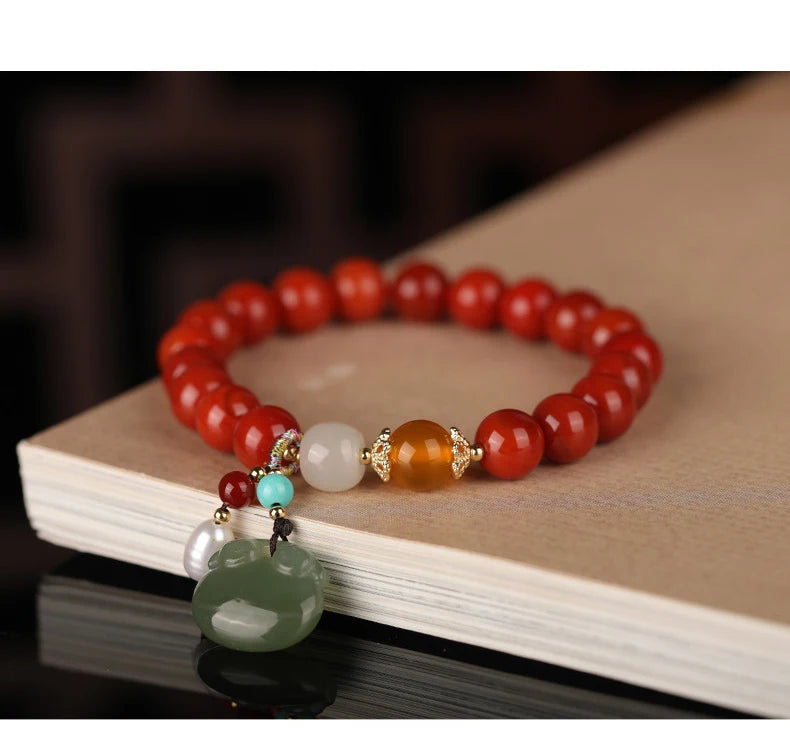 Agate Attracting Wealth Circle Bead Natural South Red Bracelet With Amber Green Pine Round Bead Bracelet High-Grade Jewelry