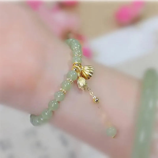 6MM Hetian Jade Lotus Bracelet — Green‑White Hand‑Strung Charm