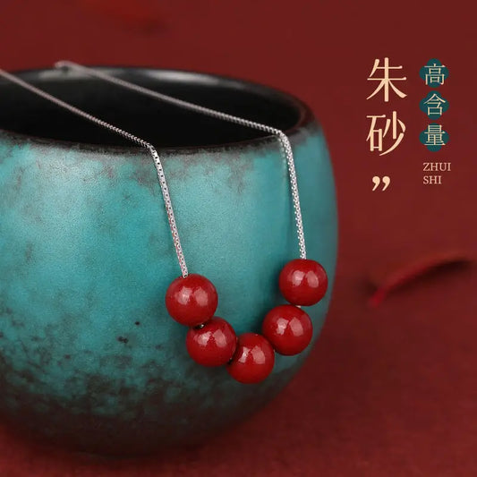 Natural Cinnabar Water-Drop Pendant Necklace|Silver Chain Lucky Beads