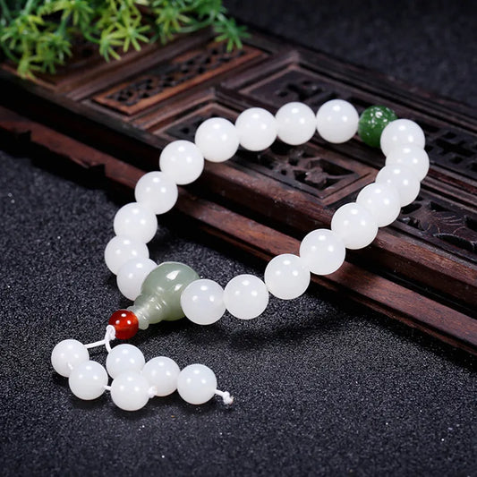 Hetian White Jade Flower Pendant Bracelet|10mm Natural Bead Set