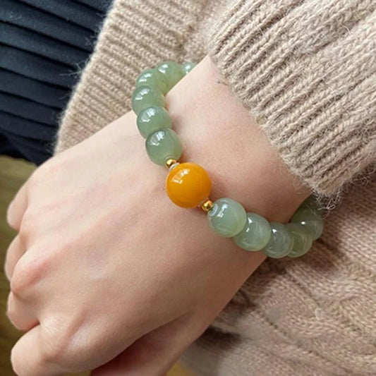 Natural Hetian Jade Green Bead Bracelet — Handmade Lucky Strand