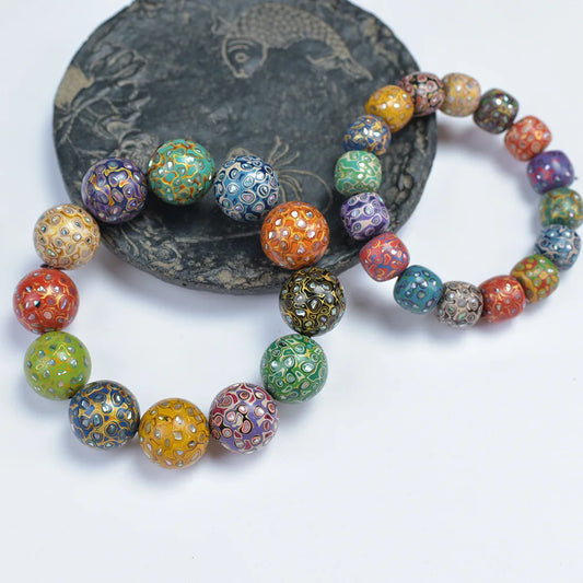 Antique Wood Circle Bracelet with Mother-of-Pearl Luck Charm