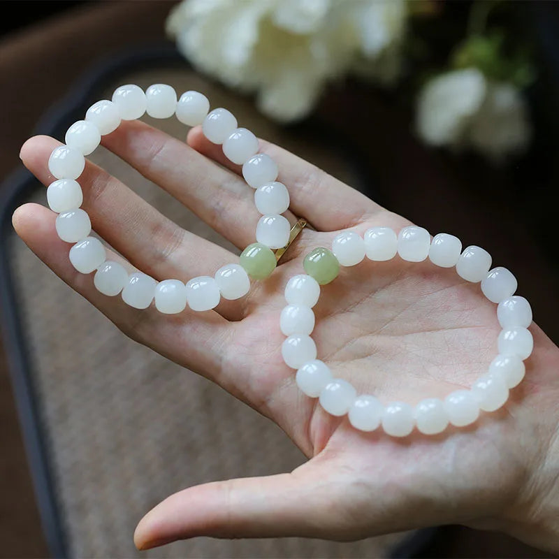 Hotan White Jade 10mm Bead Bracelet|Single Circle Lucky Amulet