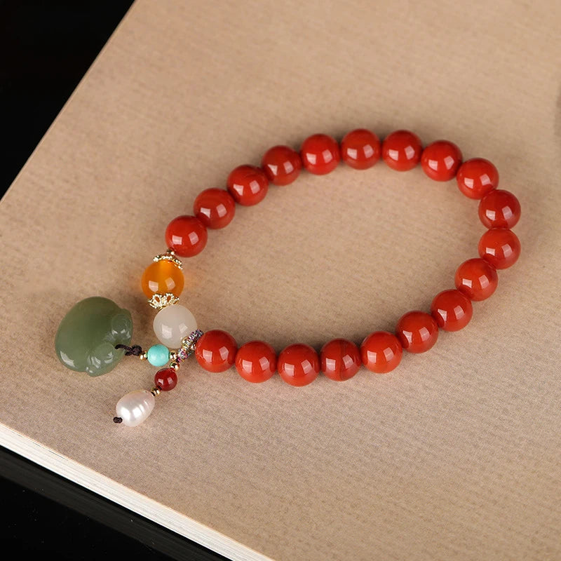 Agate Attracting Wealth Circle Bead Natural South Red Bracelet With Amber Green Pine Round Bead Bracelet High-Grade Jewelry