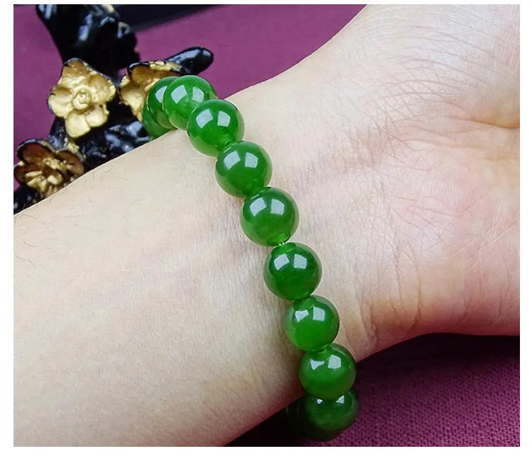 Natural Green Jadeite Round Bead Bracelet with Hand Charm | Adjustable Unisex Lucky Bangle