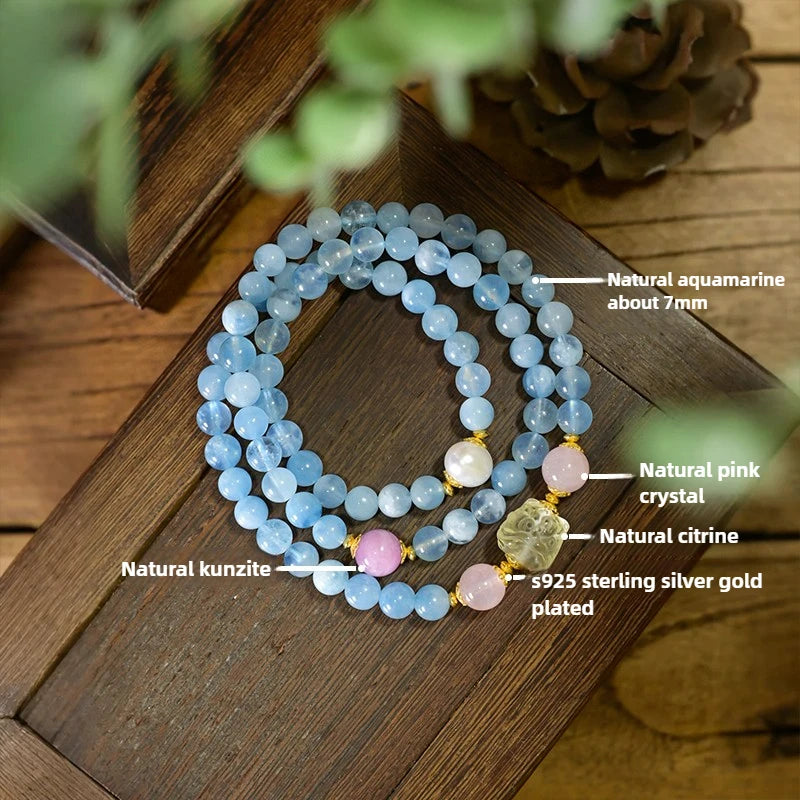 海蓝宝·黄水晶·昆士石幸运狮子层叠手链|开运聚财护佑